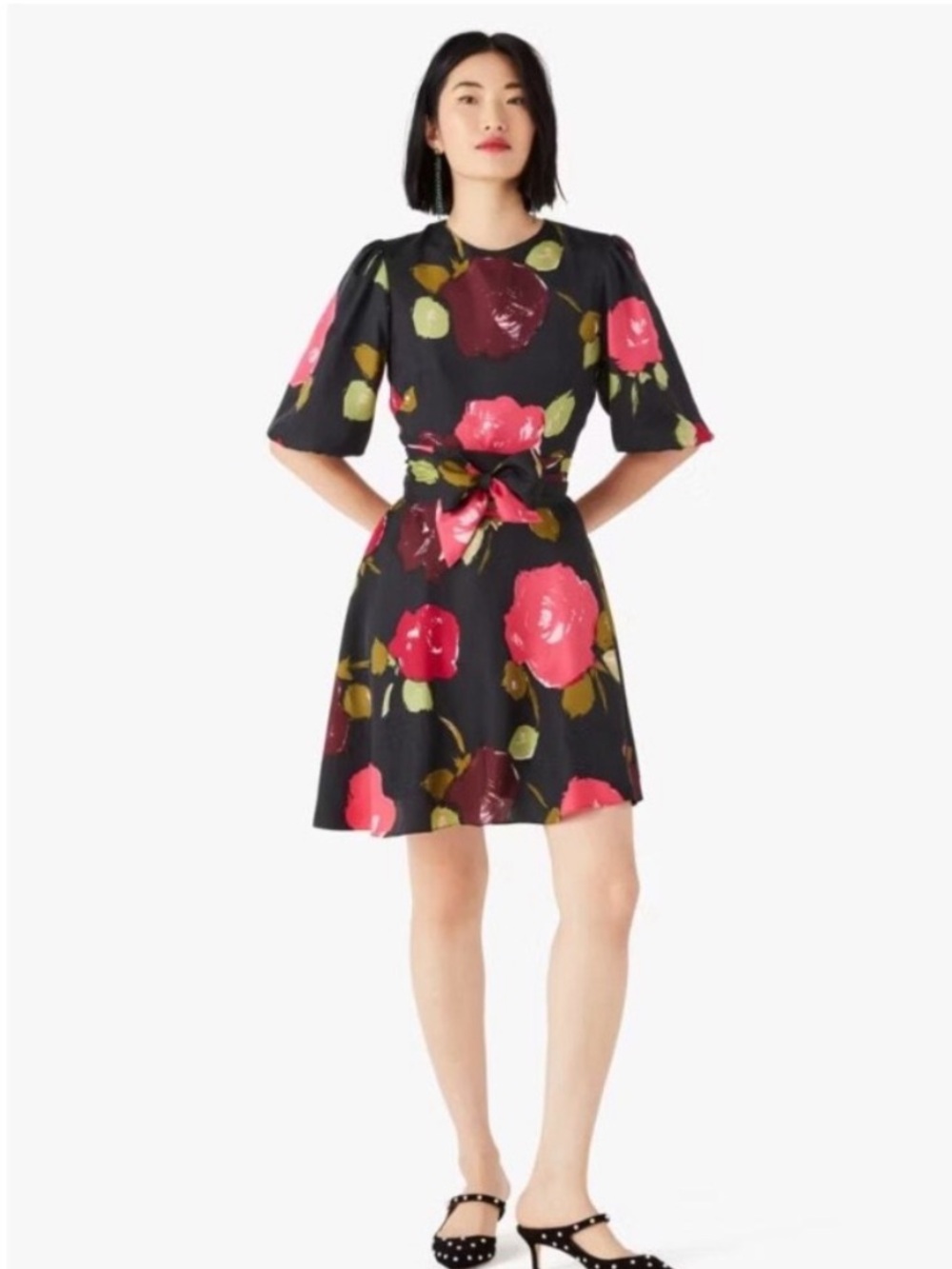 Kate Spade Just Rosy Tie Waist Dress Size 2 Silk Blend Dark Floral Puff Sleeves